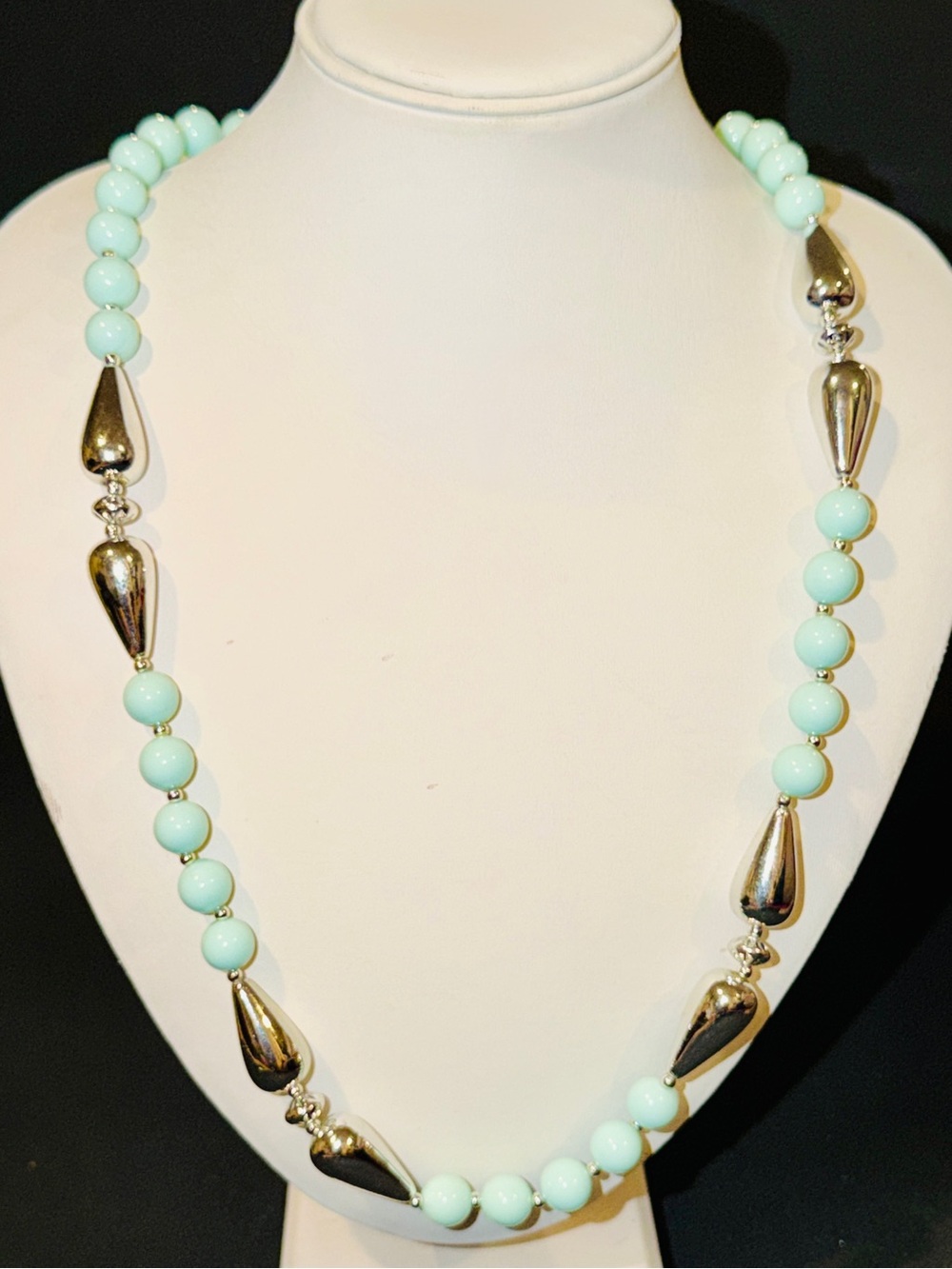 Vintage Aqua Beaded Necklace Silver Tone Teardrops 28” Statement Jewelry